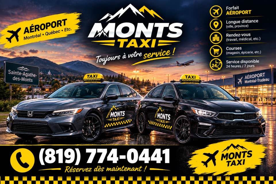 Affiche Monts Taxi : deux taxis devant Sainte-Agathe-des-Monts et l'aéroport Montréal-Trudeau